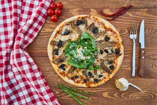 A closeup of a pizza
